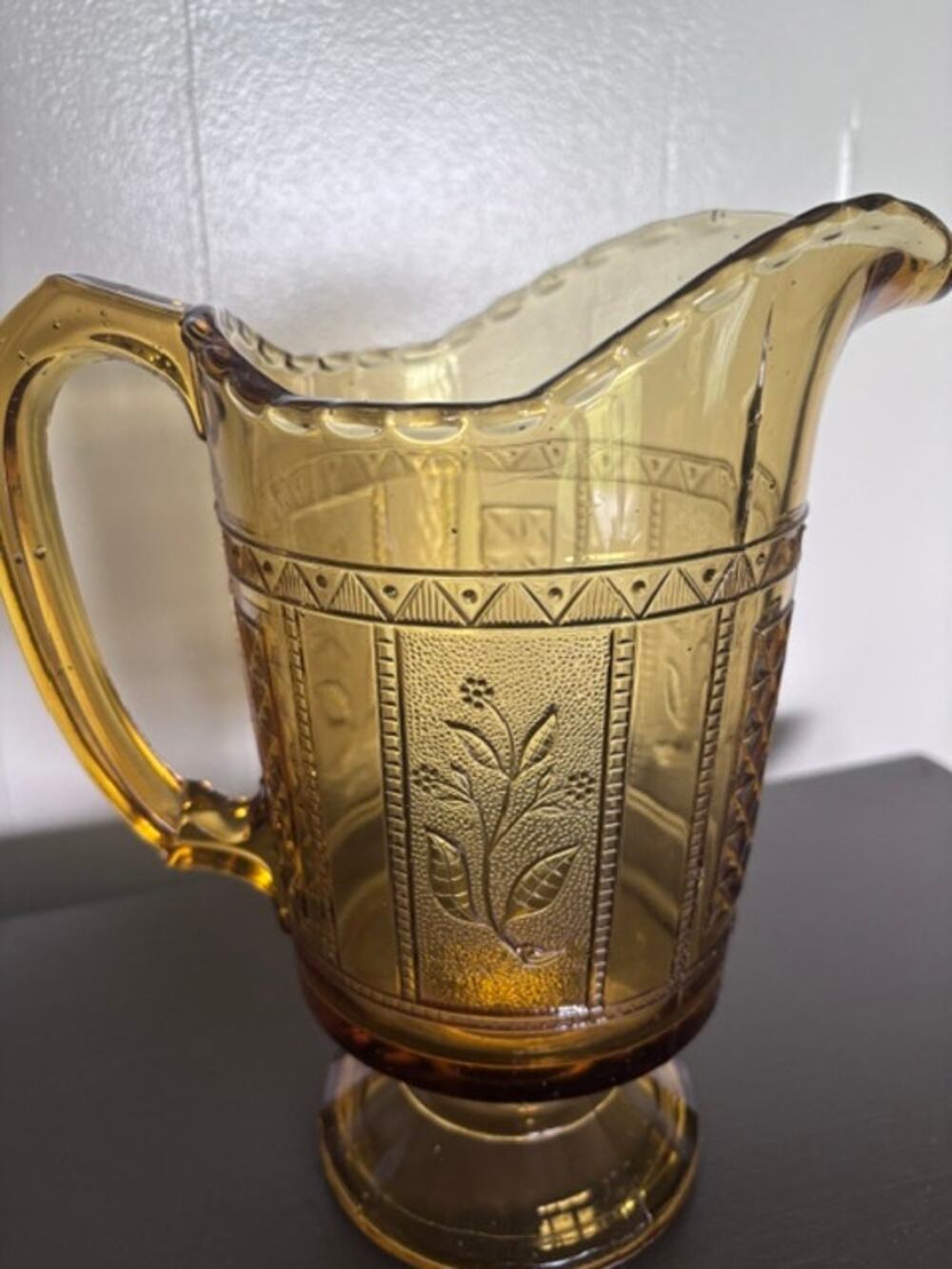 Vintage Amber Pressed Glass Pedestal‎ Pitcher Floral Panel Scalloped Rim 10"